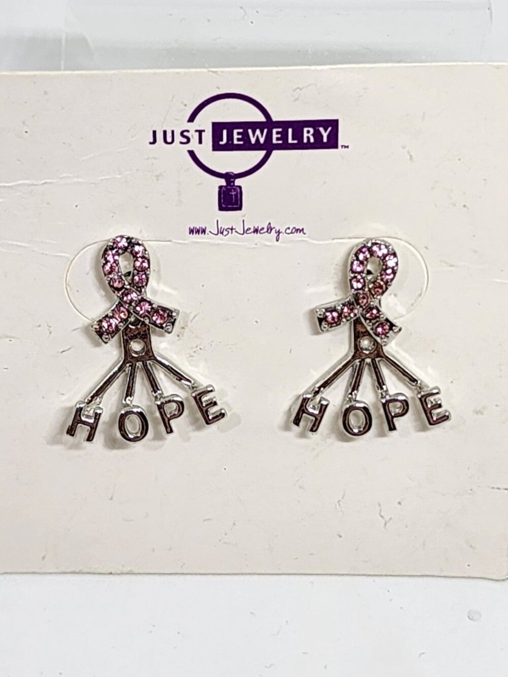Just Jewelry Pink Rhinestone Cancer Ribbon Stud HOPE Ear Jacket Earrings